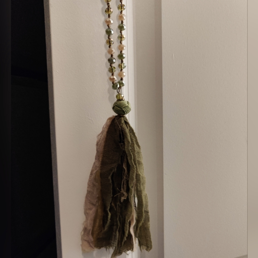 Green/Beige Long Hanging Fabric Necklace and Earrings